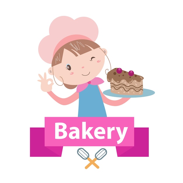 Bakery logo vector illustration with cute girl cartoon art