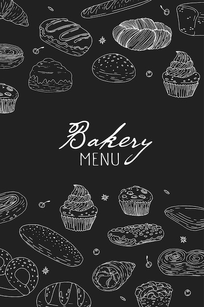 Vector bakery menu cover with hand drawn elements on a chalkboard background