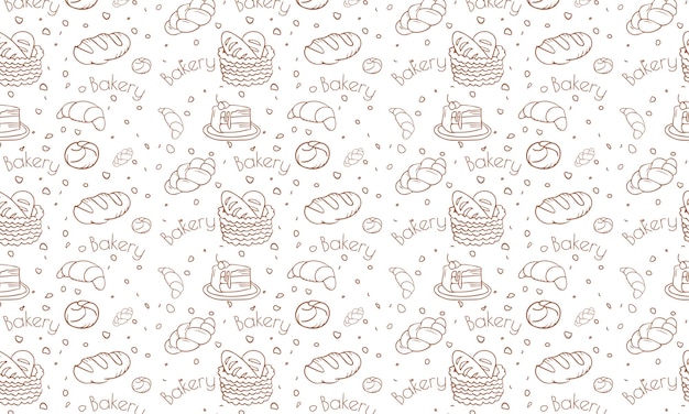 Bakery products doodle beige seamless pattern. Vector background included line icons