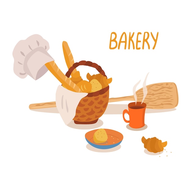 Bakery products illustration with wicker basket full of fresh bread