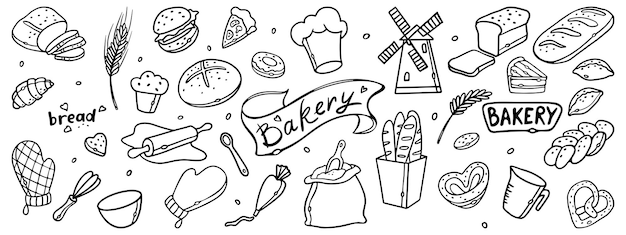 Bakery products and kitchenware Outline Hand drawn doodles Bakery Set Premium Vector