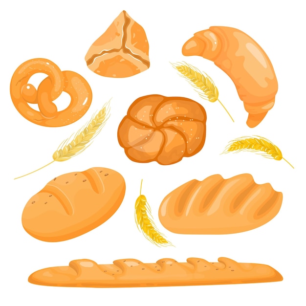 Bakery products set Bread loaf baguette in cartoon style Vector illustration