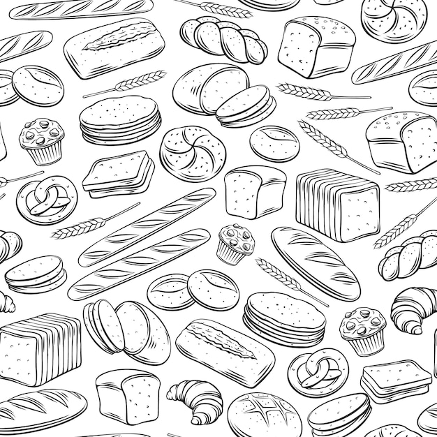 Bakery seamless pattern. Outline background rye, whole grain and wheat bread, pretzel, muffin, pita , ciabatta, croissant, bagel, toast bread, french baguette for design menu bakery.