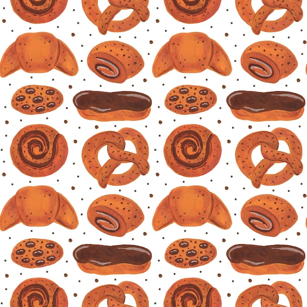 Bakery seamless pattern. Pretzel doughnut croissant bagel roll eclair cookies Watercolor food