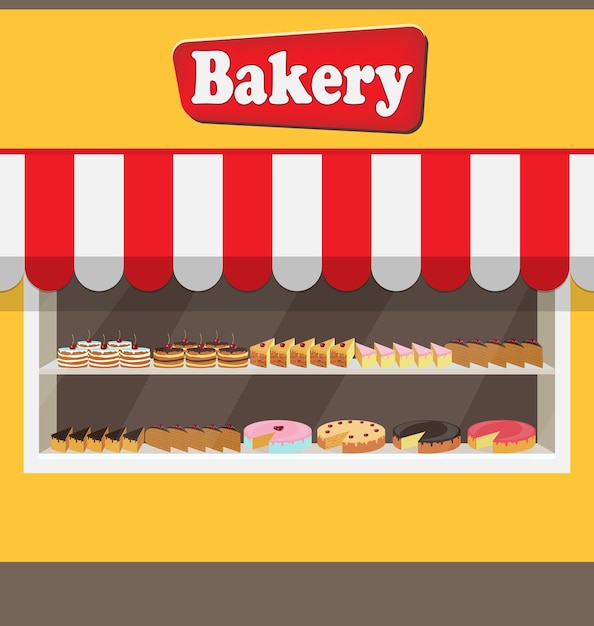 Bakery shop building facade with signboard Different cakes and pies on shelves behind the window glass Bakery facade vector illustration in flat style