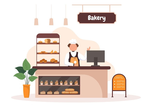 Bakery Shop Building That Sells Various Types of Bread such as White Bread Pastry and Others All Baked in Flat Background for Poster Illustration