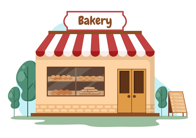 Bakery Shop Building That Sells Various Types of Bread such as White Bread Pastry and Others All Baked in Flat Background for Poster Illustration