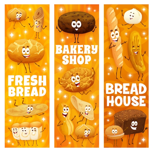 Bakery shop cartoon bread characters banners