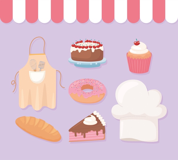 Bakery shop  donut cake cupcake donut hat and apron  illustration