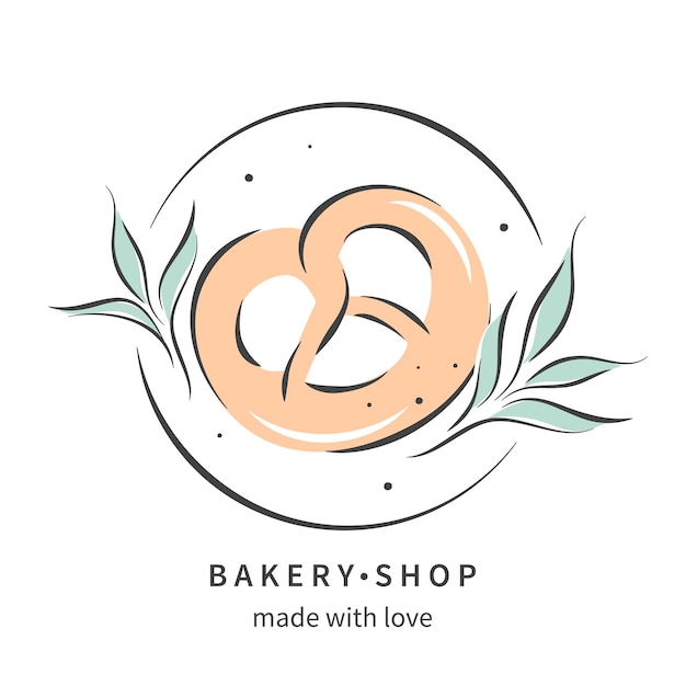 Bakery shop logo with hand drawn pretzel, bread products.