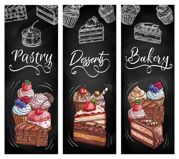 Bakery shop pastry desserts chalkboard sketch banners