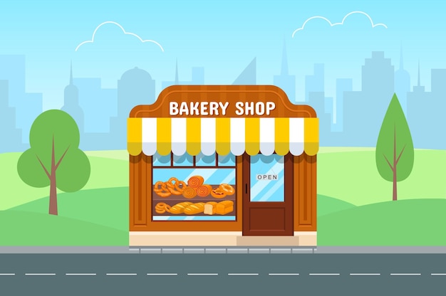 Bakery store in flat style. Facade of bakery shop.Big city on background.