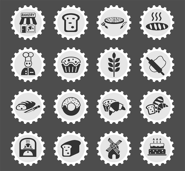 Bakery symbols on a round postage stamp stylized icons