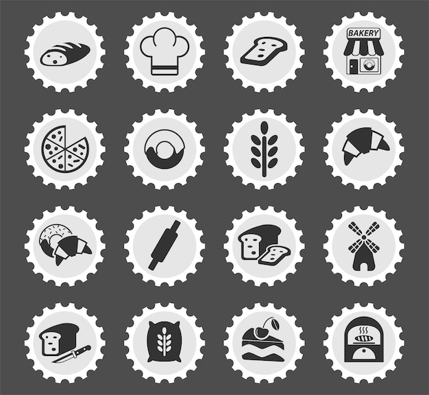 Bakery symbols on a round postage stamp stylized icons