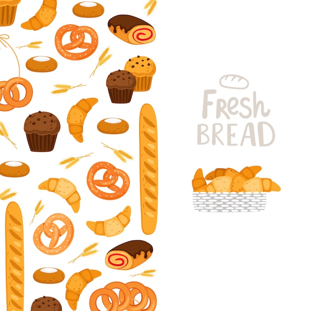 Bakery  template.  pastry, fresh bread, muffins illustration