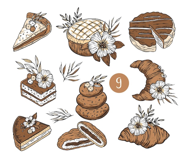 Vector bakery vintage vector icon set with croissant cookies cake piece of pie