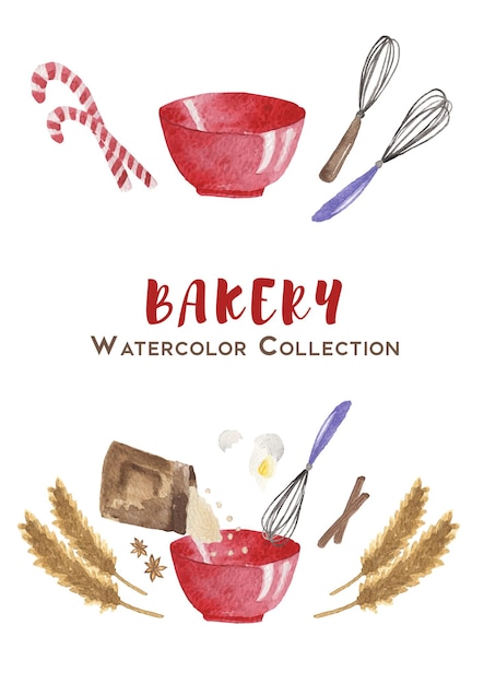 Bakery Watercolor Collection with wheat, eggs and dishes