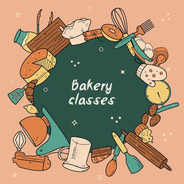 Baking classes and courses circle frame background Vector illustration in doodle hand drawn style