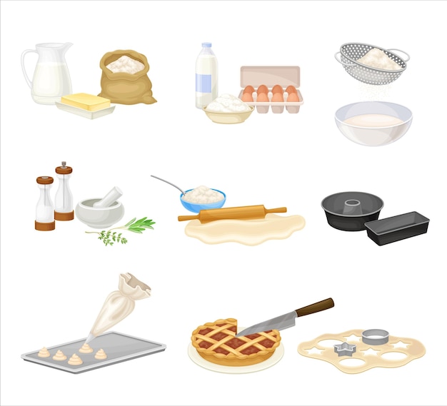 Baking process with doughing and mixing ingredients with cookware vector set