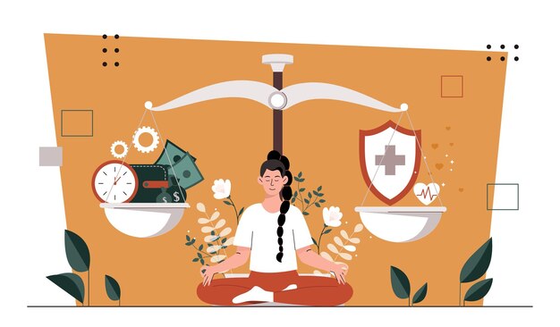 Vector balance money vs health woman with weights with money and shield with red cross young girl choose