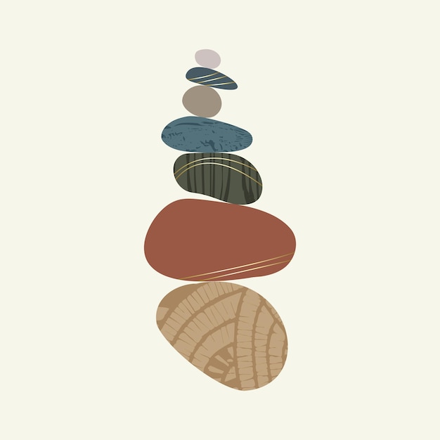 Balance pebble stone harmony vector Illustration Simplicity calm and zen of cairn rock shape Simple poise tower Color stones with gold grunge texture Balance concept Poster card print