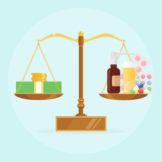 Balance scales with pile of money and pills bottle illustration