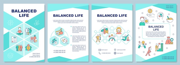 Balanced life mint brochure template. Healthy lifestyle. Booklet print design with linear icons. Vector layouts for presentation, annual reports, ads. Arial-Black, Myriad Pro-Regular fonts used