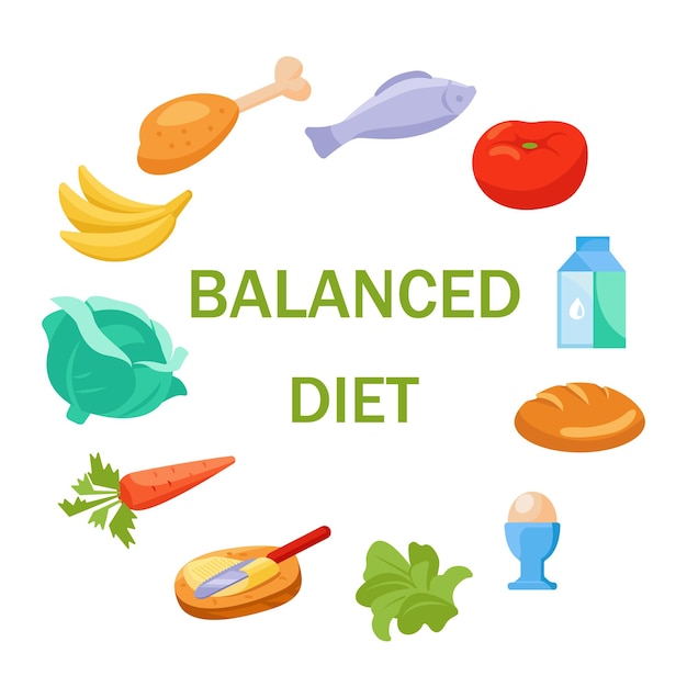 Balanced nutrition concept Round frame Various healthy foods in the daily diet