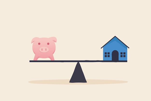 Balancing housing costs Scale is balancing piggy bank vs house