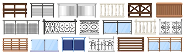 Balcony railing. Metal, wooden and stone decorative balcony fences, terrace fencing illustration set