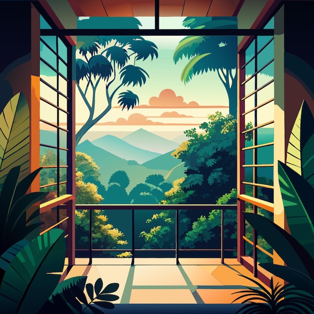 balcony view into the jungle wide white window vector illustration flat 2