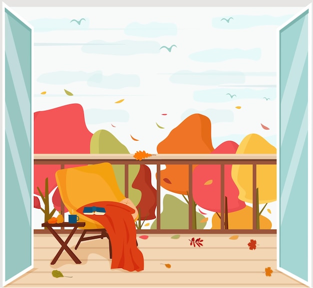 Vector a balcony with a view of the autumn landscape and leaf fall. home comfort in autumn. vector