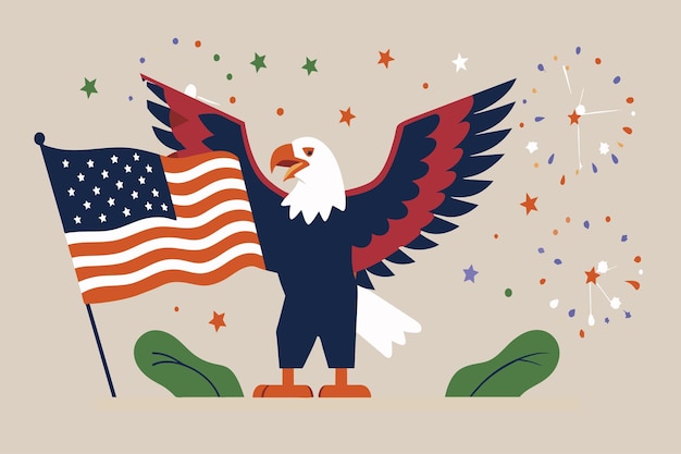 Bald eagle holding an American flag surrounded by colorful sparkles