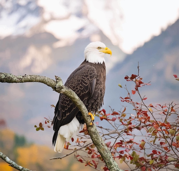 Vector a bald eagle is perched on a tree branch with a mountain in the background