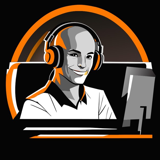 a bald man with a headphone smiling confident and working in front of a desk setup stylised