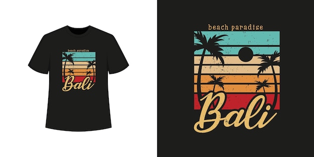 Bali ocean beach t shirt style and trendy clothing design with tree silhouettes, typography, print, vector illustration.