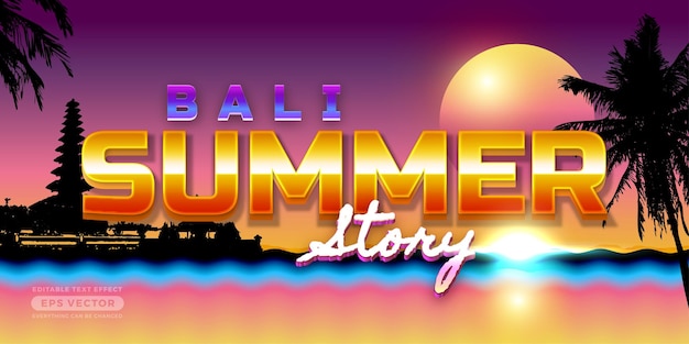 Bali Summer Story Retro Text Effect with theme retro realistic neon light concept for trendy flyer poster and banner template promotion