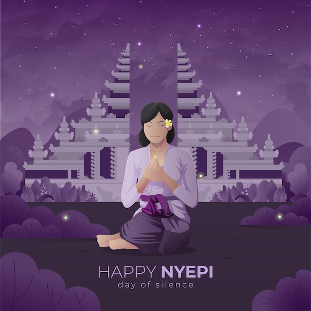 Balinese nyepi day vector greetings card with meditate woman