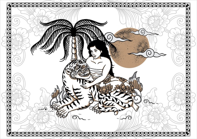 Balinese tiger and girl tattoo poster