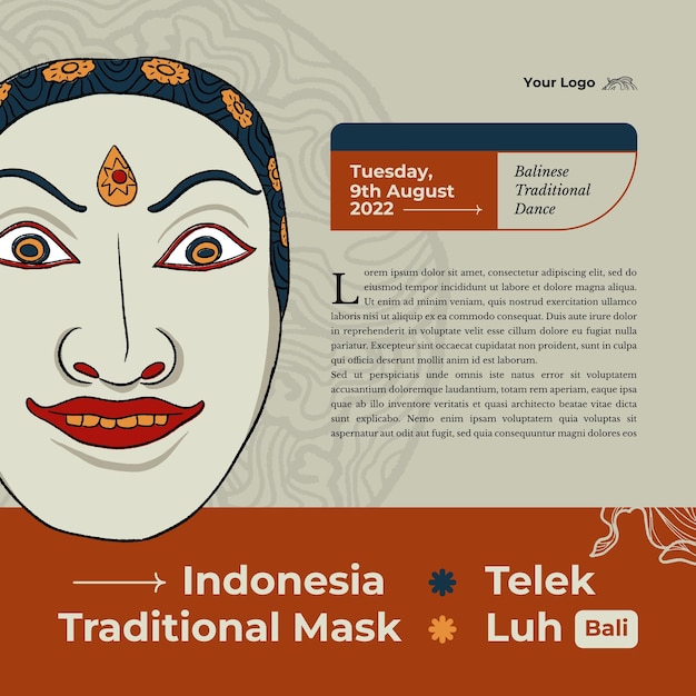 Balinese traditional mask called telek luh indonesia culture handrawn illustration