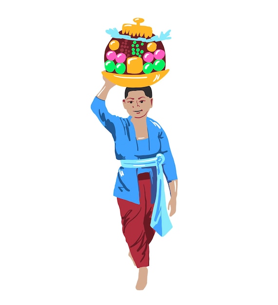 A Balinese woman carries ritual fruit offerings to the deity on her head vector illustration