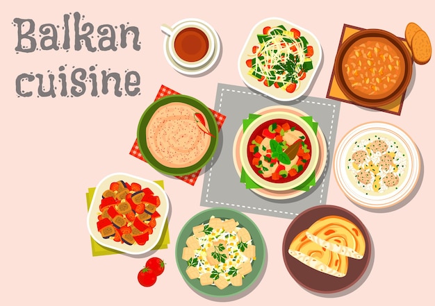 Balkan cuisine dinner with paprika cheese spread, garlic nut sauce, baked vegetable salad, meatball rice soup, fish soup, vegetable salad, fish egg salad, cheese pie