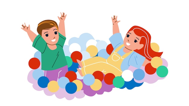 In Ball Pool Playing Boy And Girl Children Vector. Kid Resting And Enjoying In Ball Pool Together. Characters Funny Recreational Gaming Time On Kids Attraction Flat Cartoon Illustration