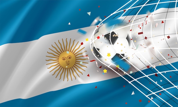 The ball in the soccer net Goal vector concept with flag of Argentina 3d vector banner with blur effect