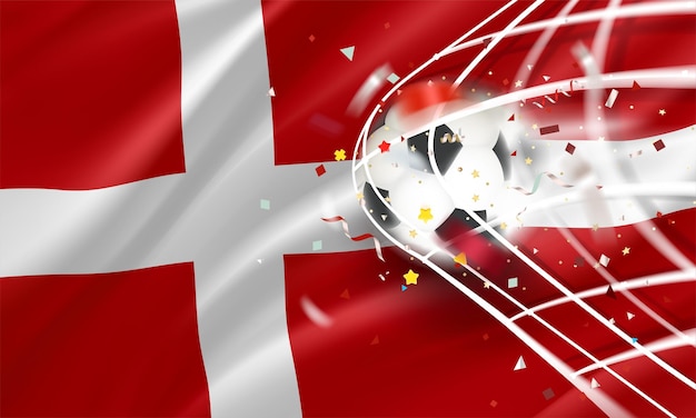 The ball in the soccer net Goal vector concept with flag of Denmark 3d vector banner with blur effect