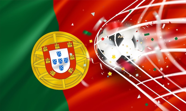 The ball in the soccer net Goal vector concept with flag of Portugal 3d vector banner with blur effect