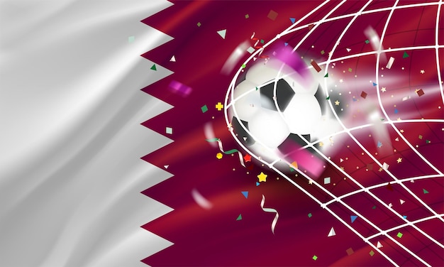 The ball in the soccer net Goal vector concept with flag of Qatar 3d vector banner with copy space