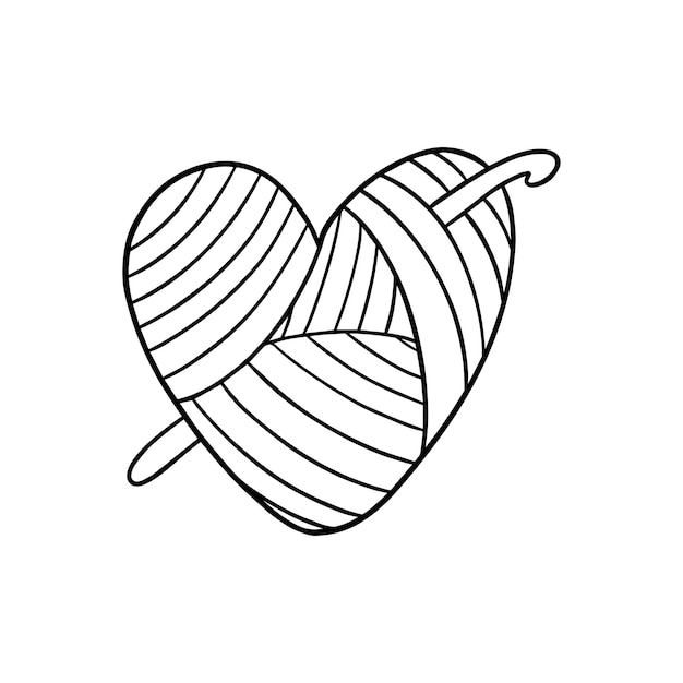 Ball of thread in the shape of a heart with a hook knitting hobby doodle linear cartoon coloring