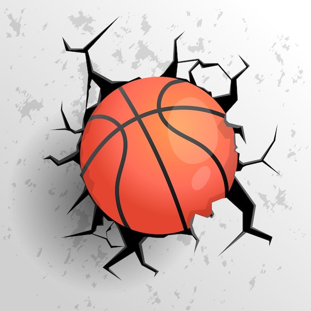 Ball in wall Winner basketball sphere shot in black hole Damaged surface with cracks Competitive game Sport tournament Team championship Throwing orange circle Vector concept