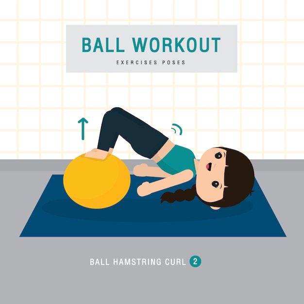 Ball Workout. Woman doing Stability ball exercise and yoga training at gym home, stay at home concept. Character Cartoon illustration